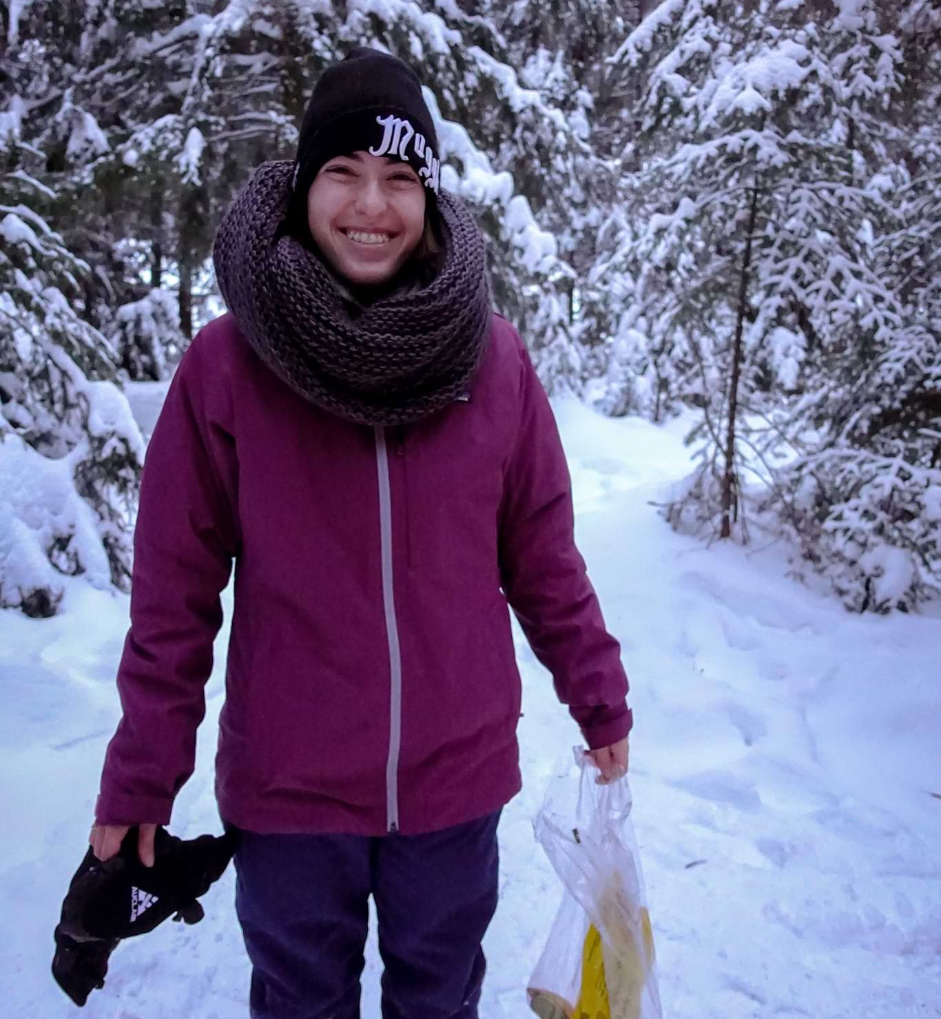 Vanessa being happy while winter camping